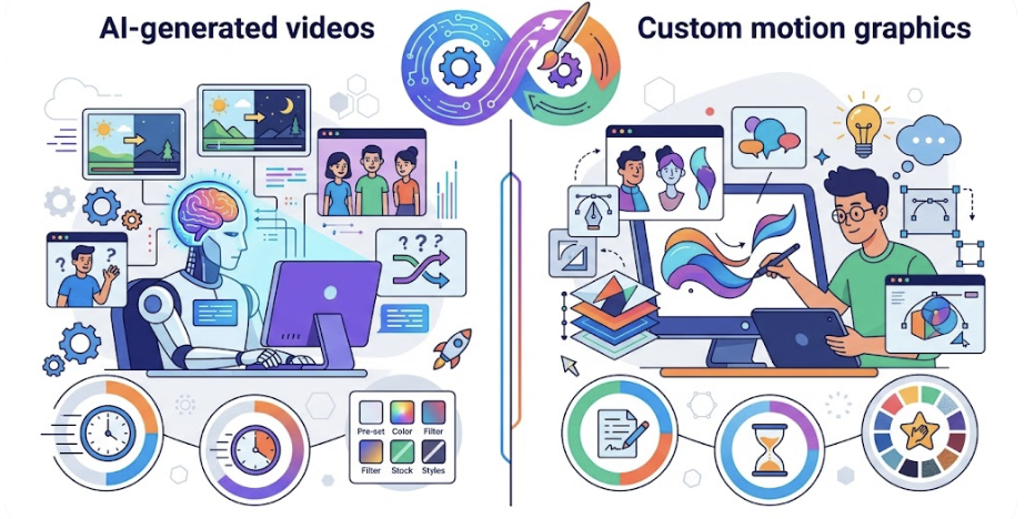 Principales diferencias entre vídeos con IA y motion graphics personalizados 3 motion graphics personalizados